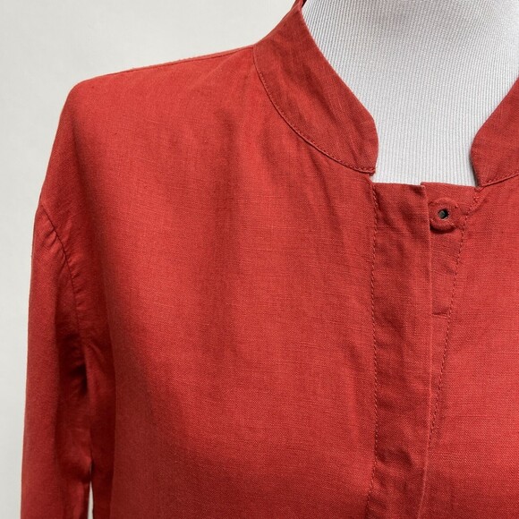 Tahari Women's Top Small Burnt Orange 100% Linen Mandarin Collar - Picture 2 of 9